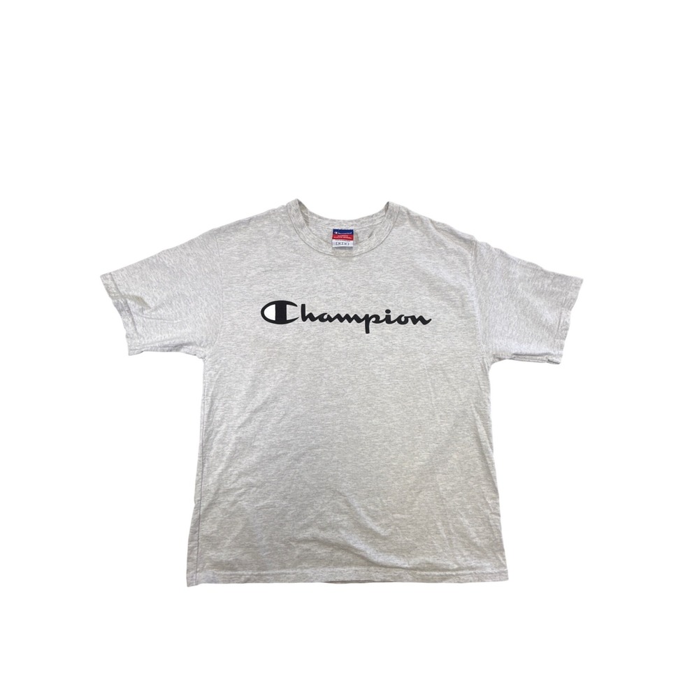 Champion Mens Script Logo T-Shirt Heather Gray‎ Short Sleeve Crew Neck Size M